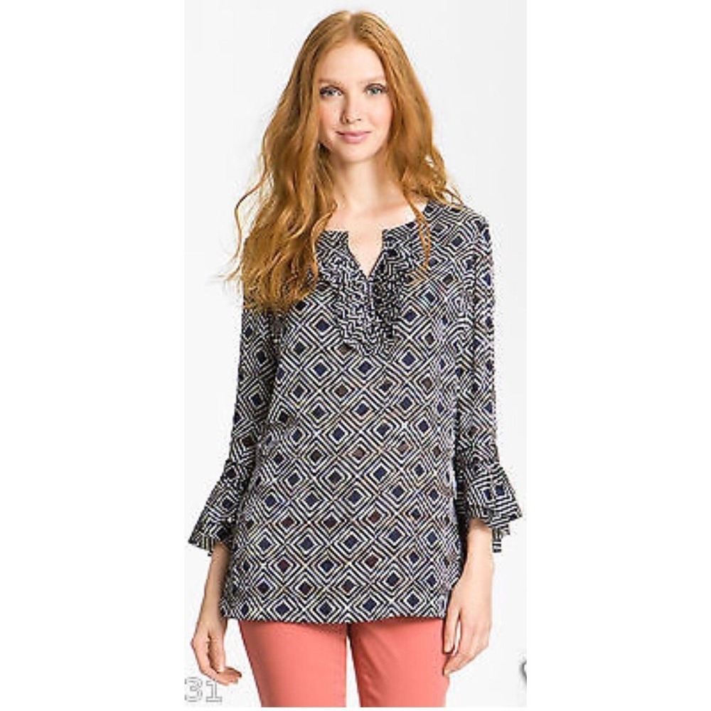 Tory Burch Gwenna tunic Blouse Women 8 Navy Blue Normandy Ruffle Silk Blend Top